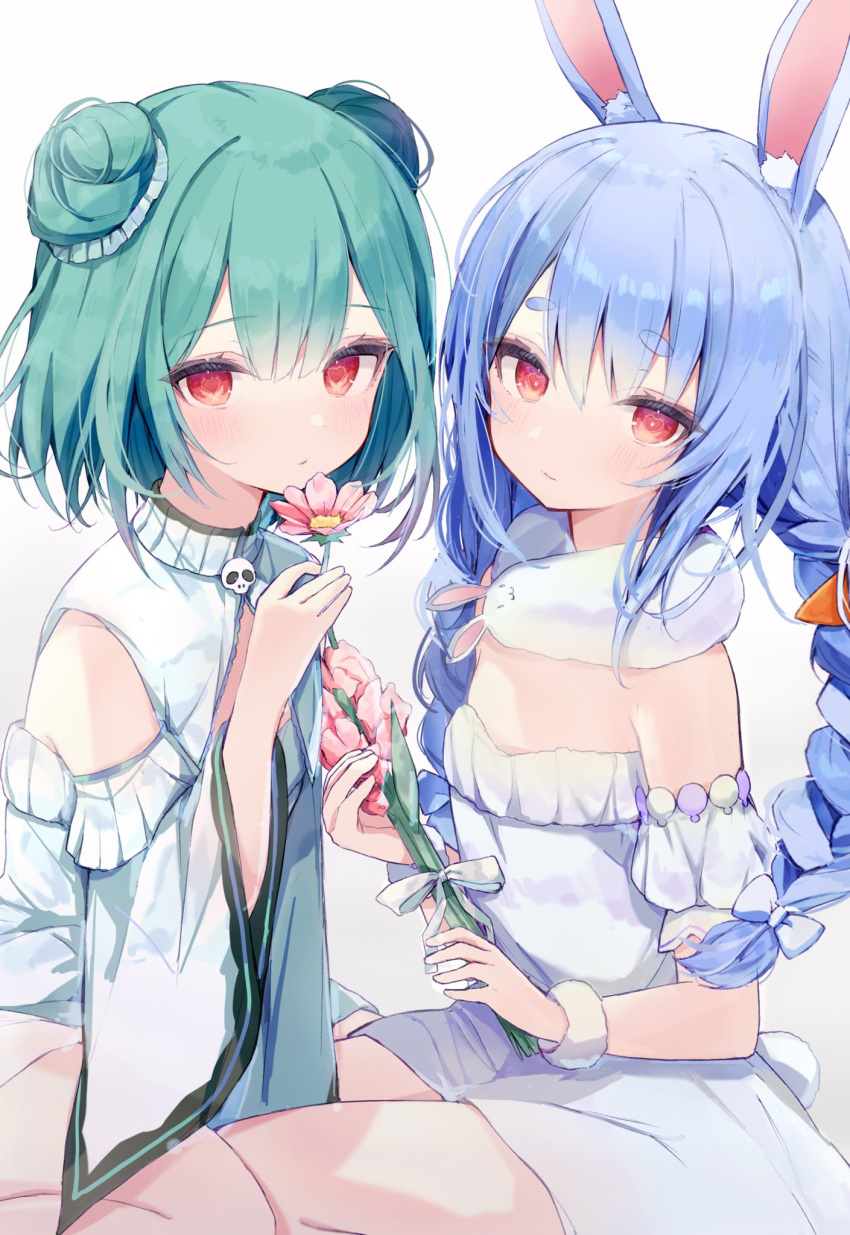 2girls :/ animal_ear_fluff animal_ears bare_shoulders detached_sleeves don-chan_(usada_pekora) double_bun feet_out_of_frame flat_chest flower flower_request fusuma_(ramunezake) green_hair highres holding holding_flower hololive light_smile multiple_girls pink_flower rabbit_ears red_eyes short_hair simple_background sitting uruha_rushia usada_pekora white_background