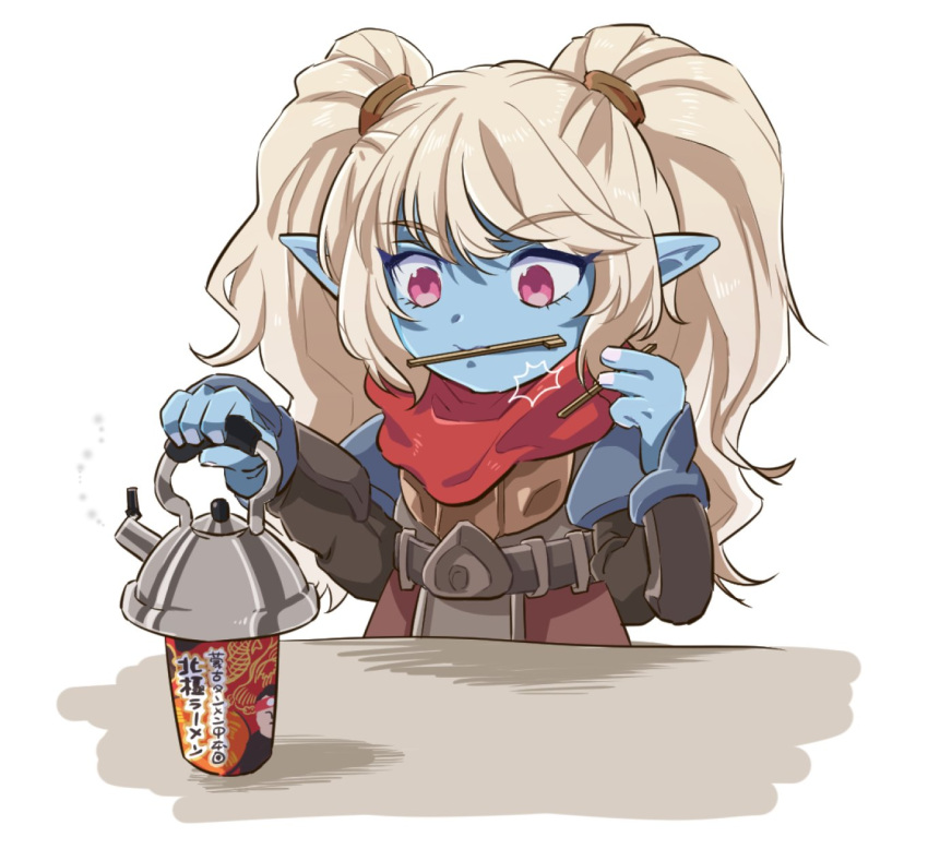 1girl bangs belt black_belt blonde_hair blue_skin chopsticks colored_skin eyebrows_visible_through_hair hands_up highres hiyari_(hiyarilol) league_of_legends long_sleeves mouth_hold pointy_ears poppy_(league_of_legends) ramen red_scarf scarf solo twintails water_boiler yordle