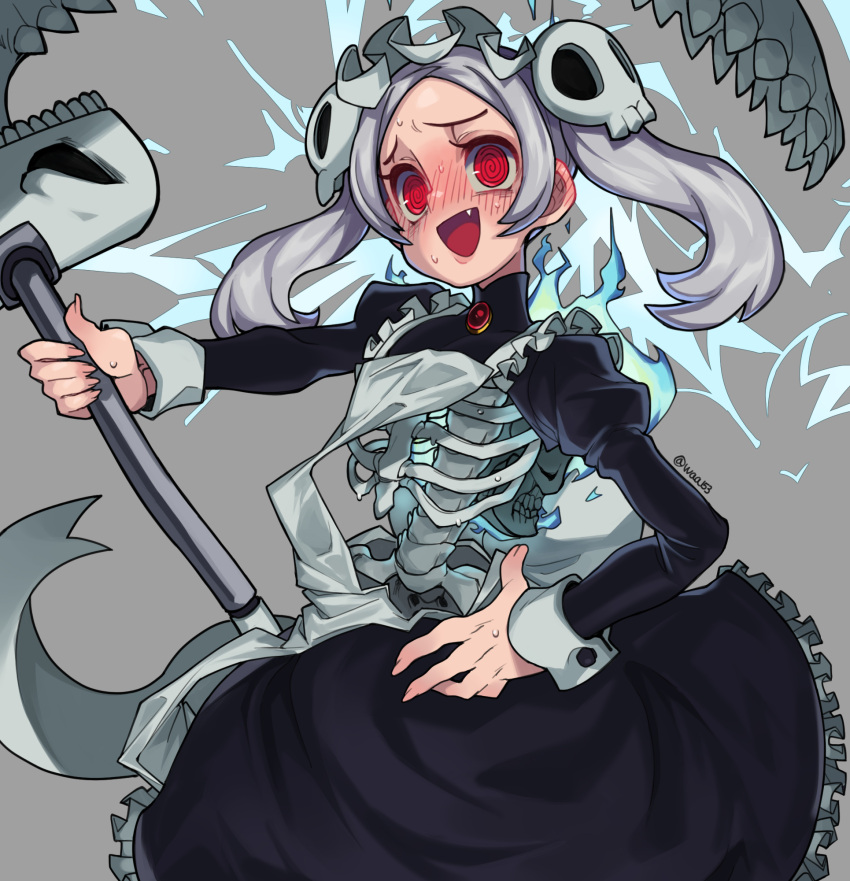 1girl @_@ apron bloody_marie_(skullgirls) blue_fire blush brooch embarrassed fire flat_chest full-face_blush grey_background hair_ornament highres jewelry long_hair looking_at_viewer maid maid_apron maid_headdress red_eyes ribs scythe silver_hair simple_background skeleton skull skull_hair_ornament skullgirls solo twintails twitter_username waa153