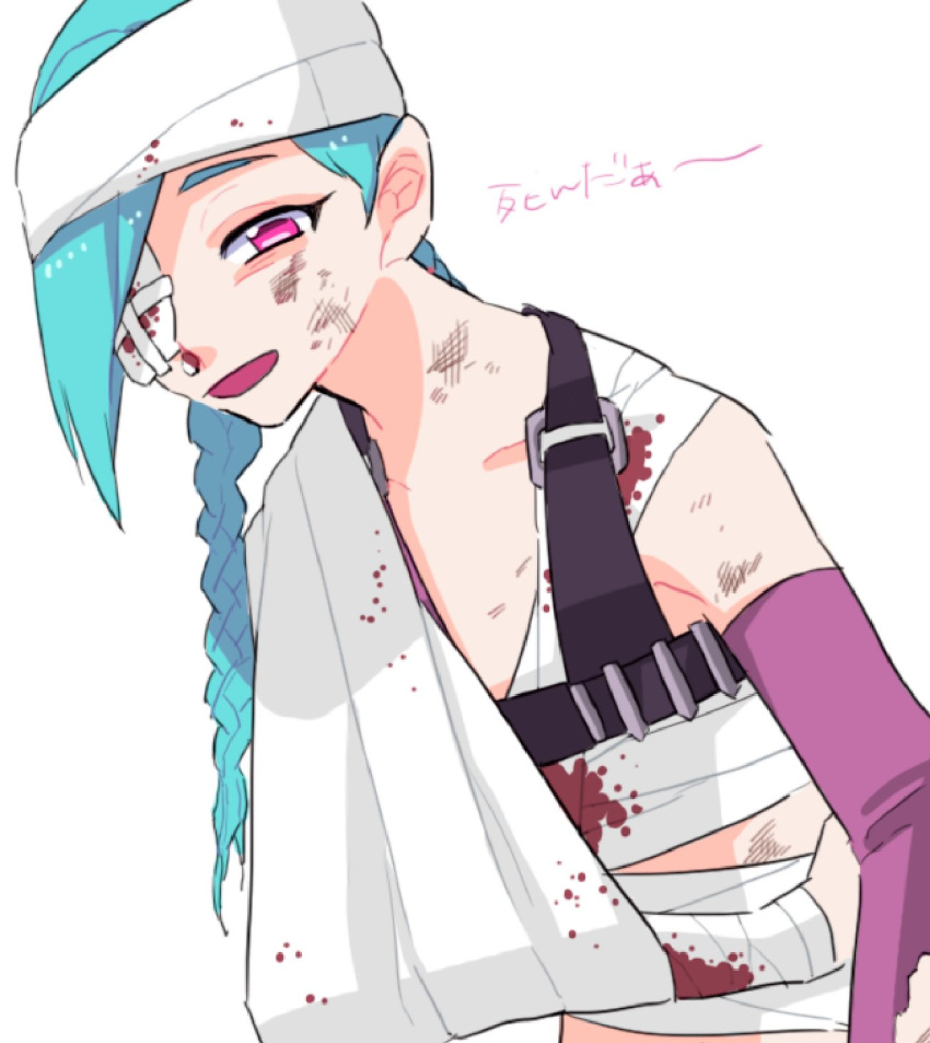 1girl bandage_over_one_eye bandaged_arm bandaged_head bandages bangs blood braid bruise bruise_on_face collarbone detached_sleeves green_hair highres hiyari_(hiyarilol) injury jinx_(league_of_legends) league_of_legends long_hair looking_at_viewer open_mouth pink_eyes pink_sleeves shiny shiny_hair simple_background solo translation_request twin_braids upper_body white_background
