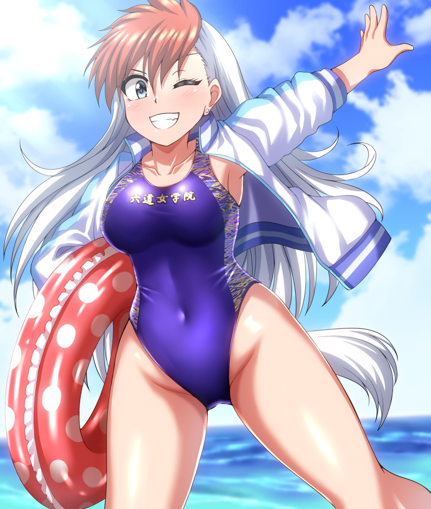 1girl absurdres blue_eyes blue_sky blue_swimsuit breasts clouds collarbone commentary_request competition_swimsuit covered_navel cowboy_shot day ghost_sweeper_mikami grin highres horizon innertube inuzuka_shiro jacket large_breasts letterman_jacket looking_at_viewer multicolored_clothes multicolored_hair multicolored_jacket ocean one-piece_swimsuit outdoors polka_dot_innertube redhead sky smile solo swimsuit two-tone_hair two-tone_jacket white_hair zanntetu