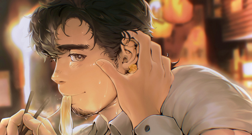 beard black_hair blush earrings eating facial_hair food highres isuke jewelry male_focus noodles original ramen sweat touching