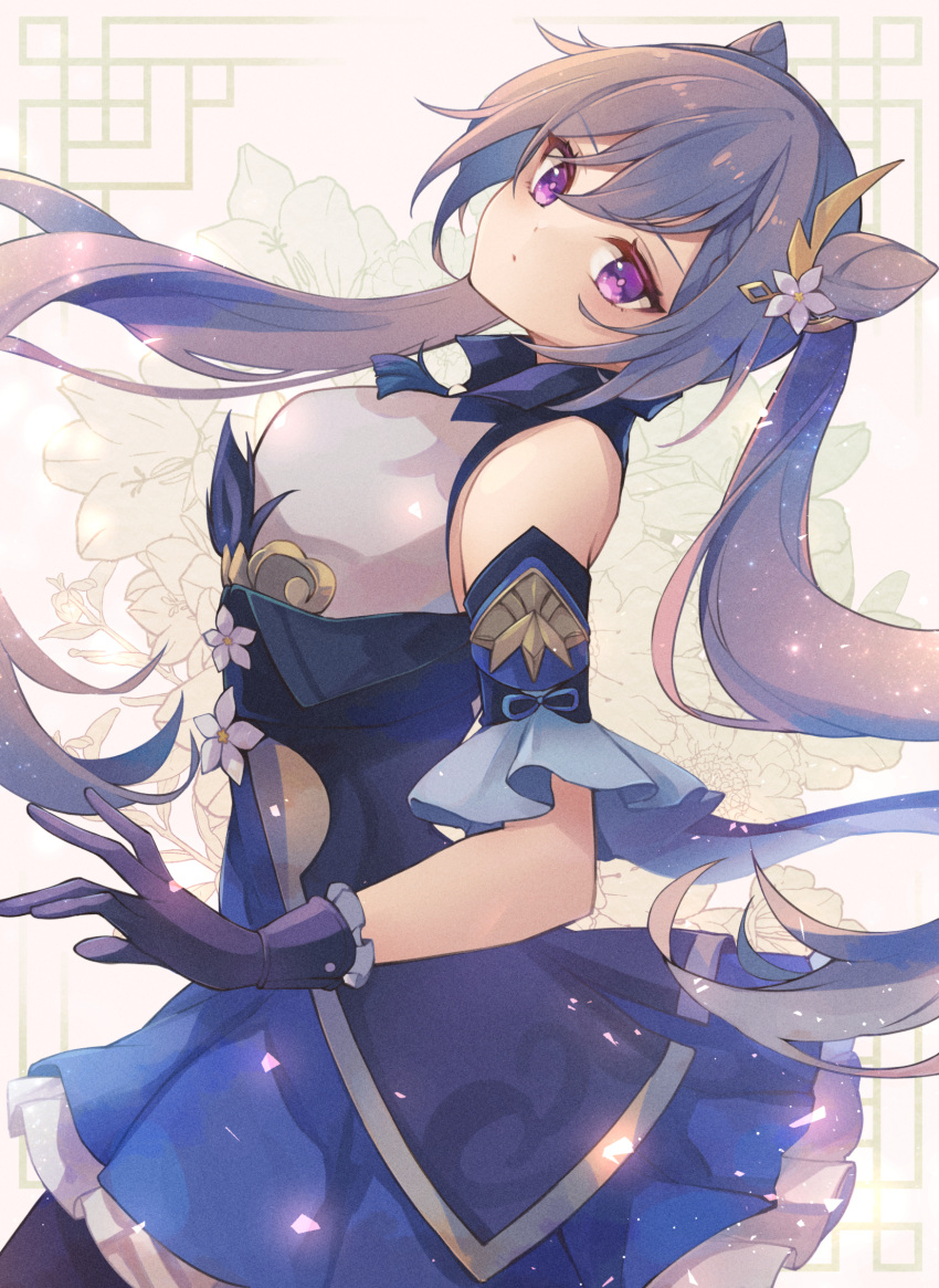 1girl 7aka_ne11 bare_shoulders closed_mouth detached_sleeves floral_background flower genshin_impact gloves hair_cones hair_flower hair_ornament highres keqing_(genshin_impact) long_hair looking_at_viewer pantyhose purple_gloves purple_hair purple_skirt skirt solo twintails upper_body violet_eyes