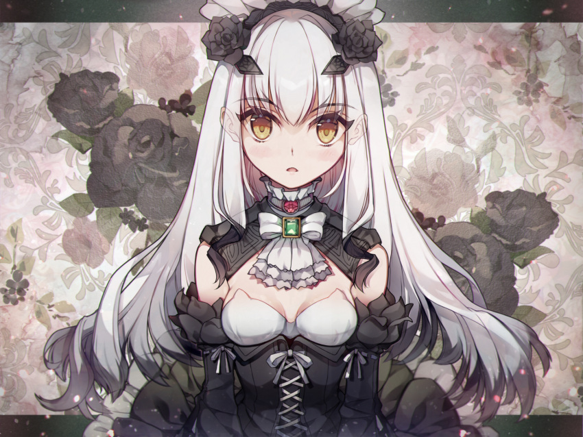 1girl ascot bangs bare_shoulders black_dress black_flower black_rose blush breasts brooch brown_eyes detached_collar detached_sleeves dress fairy_knight_lancelot_(fate) fate/grand_order fate_(series) flower hair_flower hair_ornament highres hiyunagi jewelry long_hair long_sleeves looking_at_viewer maid_headdress open_mouth rose sidelocks small_breasts solo white_hair
