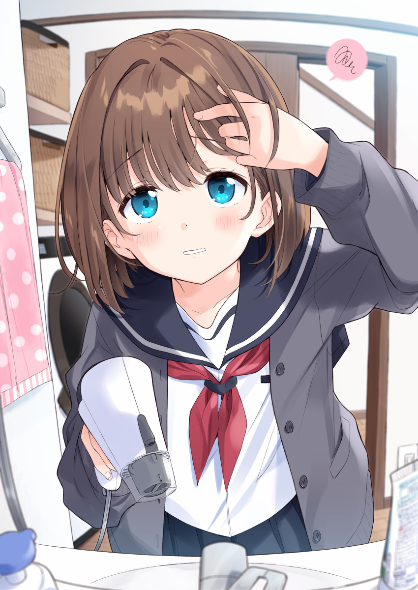 1girl absurdres arm_up basket black_sailor_collar black_skirt blue_eyes blush brown_hair commentary_request faucet grey_jacket hair_dryer hair_intakes highres holding indoors jacket long_sleeves looking_at_viewer mirror mousou_(mousou_temporary) neckerchief open_clothes open_jacket original parted_lips pleated_skirt polka_dot polka_dot_towel red_neckerchief reflection sailor_collar school_uniform serafuku shirt sink skirt sliding_doors solo spoken_squiggle squiggle towel white_shirt