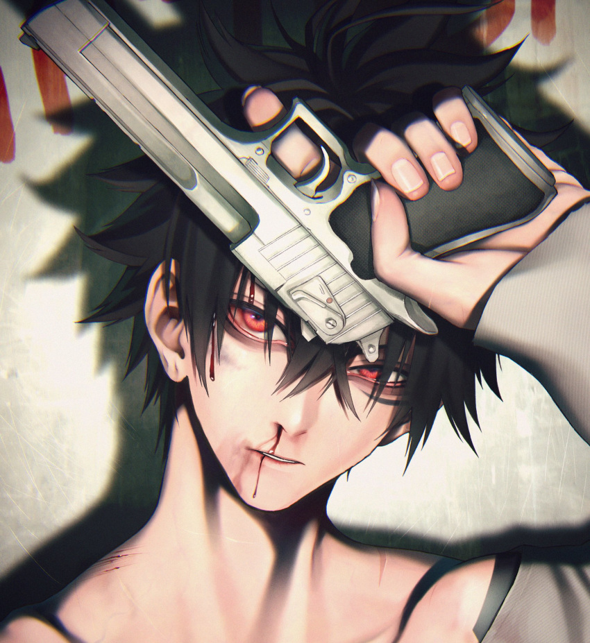 1boy arm_up bare_shoulders black_hair bleeding blood blood_on_face bruise bruise_on_face cropped facial_tattoo fingernails gun hair_between_eyes handgun highres holding holding_gun holding_weapon injury looking_at_viewer male_focus nosebleed original parted_lips red_eyes scar scratches shoulder_tattoo sleeves_past_wrists smeared_blood solo tattoo weapon yokaze_(xxxdisxxx)