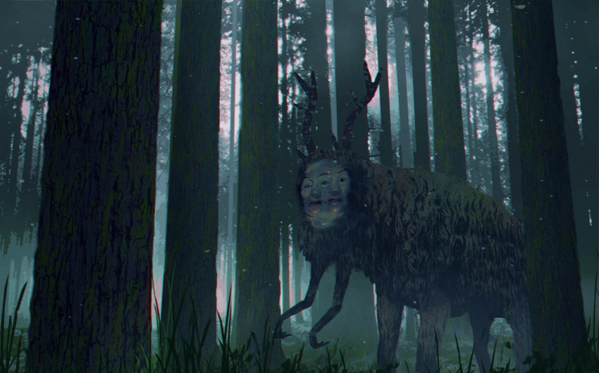 antlers chromatic_aberration extra_arms extra_eyes extra_mouth extra_noses forest grass grey_eyes highres horror_(theme) monster nature no_humans original outdoors parted_lips red_eyes scenery sinsin08051 teeth tree