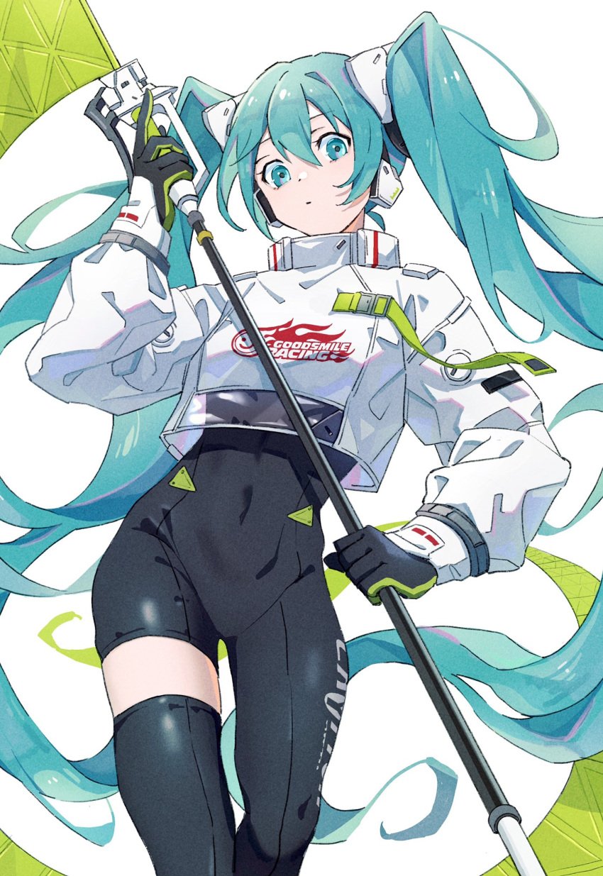 1girl aqua_eyes aqua_hair bangs black_bodysuit black_gloves black_legwear bodysuit closed_mouth covered_navel crop_top eyebrows_visible_through_hair feet_out_of_frame flag gloves gradient gradient_background grey_background hatsune_miku head_tilt highres holding holding_flag long_hair long_sleeves looking_at_viewer mele_ck racing_miku_(2022) see-through single_thighhigh skin_tight solo standing thigh-highs twintails very_long_hair vocaloid