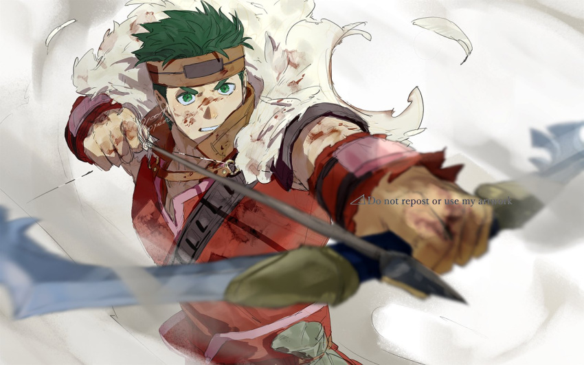 1boy 91007 armor bow_(weapon) boyd_(fire_emblem) green_hair headband highres holding holding_bow_(weapon) holding_weapon incoming_attack leather looking_at_viewer male_focus solo upper_body weapon