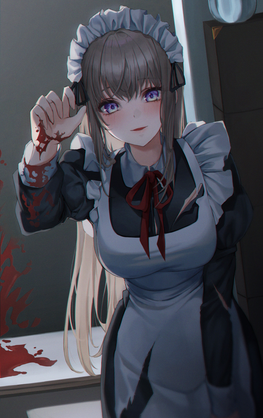 1girl absurdres ame_816 apron arm_up bangs blonde_hair blood blood_on_clothes blood_on_hands blush breasts eyebrows_visible_through_hair feet_out_of_frame highres leaning_forward long_hair looking_at_viewer maid maid_apron maid_headdress medium_breasts neck_ribbon open_mouth original red_ribbon ribbon simple_background smile solo standing torn_apron violet_eyes