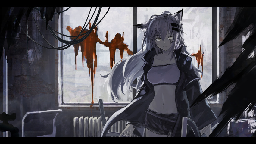 1girl animal_ears arknights bandeau bangs black_jacket black_shorts blood closed_mouth commentary_request cowboy_shot grey_eyes hair_between_eyes hair_ornament hairclip highres indoors jacket lappland_(arknights) letterboxed light_smile long_hair long_sleeves looking_at_viewer midriff navel open_clothes open_jacket partial_commentary sentou_kouhei_kitsune short_shorts shorts silver_hair simple_background solo standing stomach strapless tube_top white_bandeau window wolf_ears