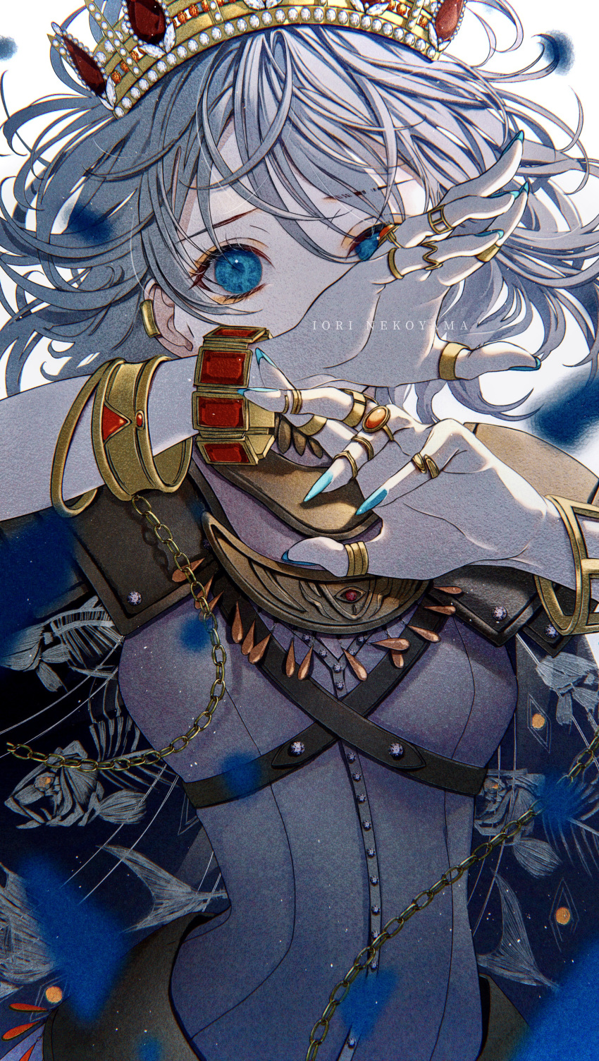 1girl absurdres arms_up artist_name bangs blue_eyes bone bracelet chain cloak covering covering_face crown earrings ears fish gem highres jewelry looking_at_viewer nail_polish necklace nekoyama_iori original ring short_hair silver_hair skeleton solo stud_earrings