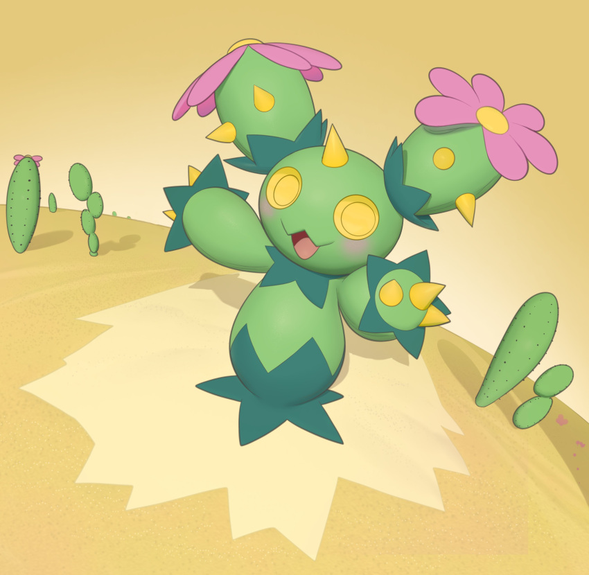 :d absurdres cactus desert english_commentary flower full_body highres inkune looking_at_viewer maractus no_humans open_mouth outdoors pink_flower pokemon pokemon_(creature) smile solo spikes yellow_eyes