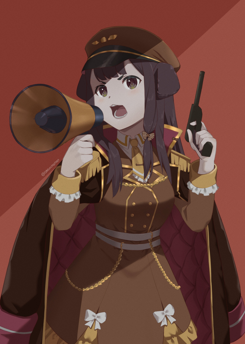 1girl absurdres animal_ears bangs black_jacket brown_background brown_eyes brown_hair brown_headwear brown_jacket coke_(cokeandredtea) dog_ears dog_girl english_commentary gun handgun hat highres holding holding_gun holding_megaphone holding_weapon inukai_purin jacket jacket_on_shoulders megaphone military military_hat military_uniform official_alternate_costume pistol solo tsunderia uniform virtual_youtuber weapon