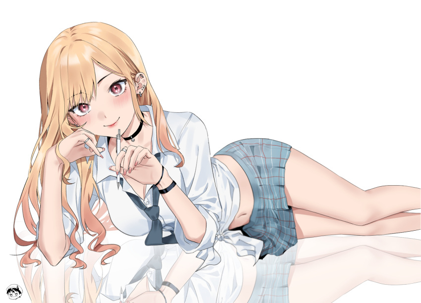 1girl bangs black_choker blonde_hair choker closed_mouth collared_shirt colored_tips ear_piercing earrings eyebrows_visible_through_hair fake_nails gyaru hievasp highres holding holding_pencil jewelry kitagawa_marin legs lips looking_at_viewer loose_necktie lying midriff nail_polish navel necktie on_side pencil piercing pink_nails plaid plaid_skirt pleated_skirt red_eyes reflection ring school_uniform shirt simple_background skirt smile solo sono_bisque_doll_wa_koi_wo_suru thighs tied_shirt white_background white_shirt wristband