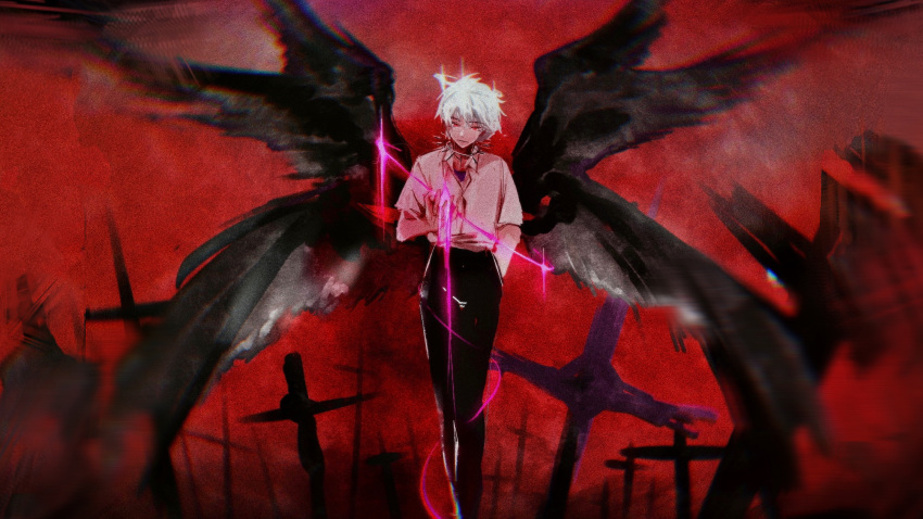 1boy angel_wings black_wings closed_mouth collar cross dark_halo dripping eyebrows_visible_through_hair floating halo hand_in_pocket highres holding holding_halo male_focus mika_winter multiple_wings nagisa_kaworu neon_genesis_evangelion red_eyes red_theme solo white_hair wings