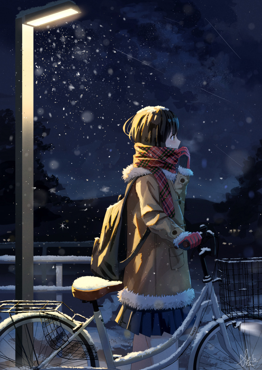 1girl absurdres bangs bicycle blue_skirt brown_coat brown_hair coat english_commentary eyebrows_visible_through_hair fur-trimmed_coat fur_trim gloves ground_vehicle highres lamppost light night original outdoors plaid plaid_scarf pleated_skirt red_gloves red_scarf scarf scenery shurock signature skirt snow snow_on_head snowing solo