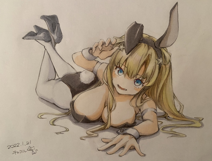 1girl animal_ears bangs bare_shoulders black_footwear black_leotard blonde_hair blue_eyes blush breasts chakoru commentary_request double_bun fake_animal_ears fake_tail feet_up fletcher_(kancolle) hair_ornament high_heels highres kantai_collection large_breasts leotard long_hair looking_at_viewer lying on_stomach open_mouth pantyhose playboy_bunny playboy_bunny_leotard rabbit_ears rabbit_tail simple_background smile solo star_(symbol) star_hair_ornament strapless strapless_leotard tail the_pose traditional_media white_background white_legwear wrist_cuffs