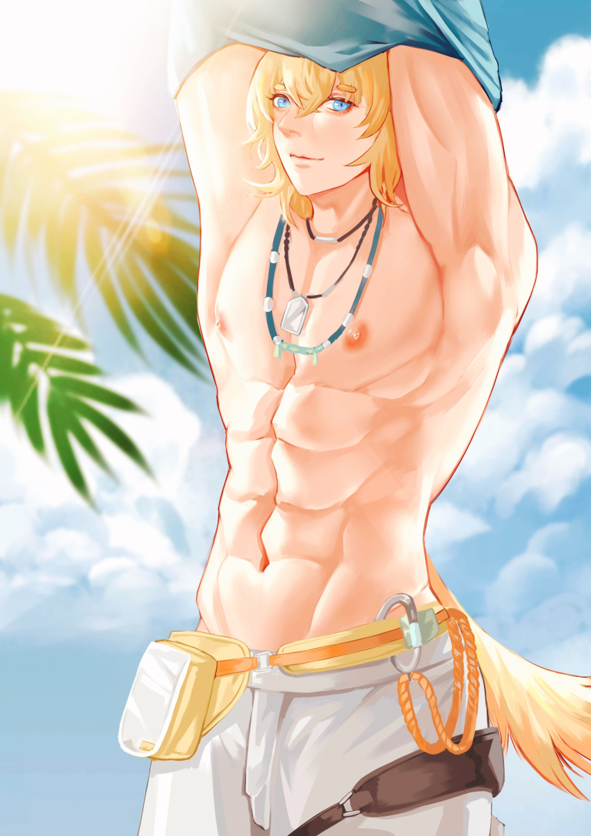 abs absurdres animal_ears arknights blonde_hair blue_eyes clothes_lift highres muscular muscular_male shirt_lift sunglasses tail tequila_(arknights) yedong