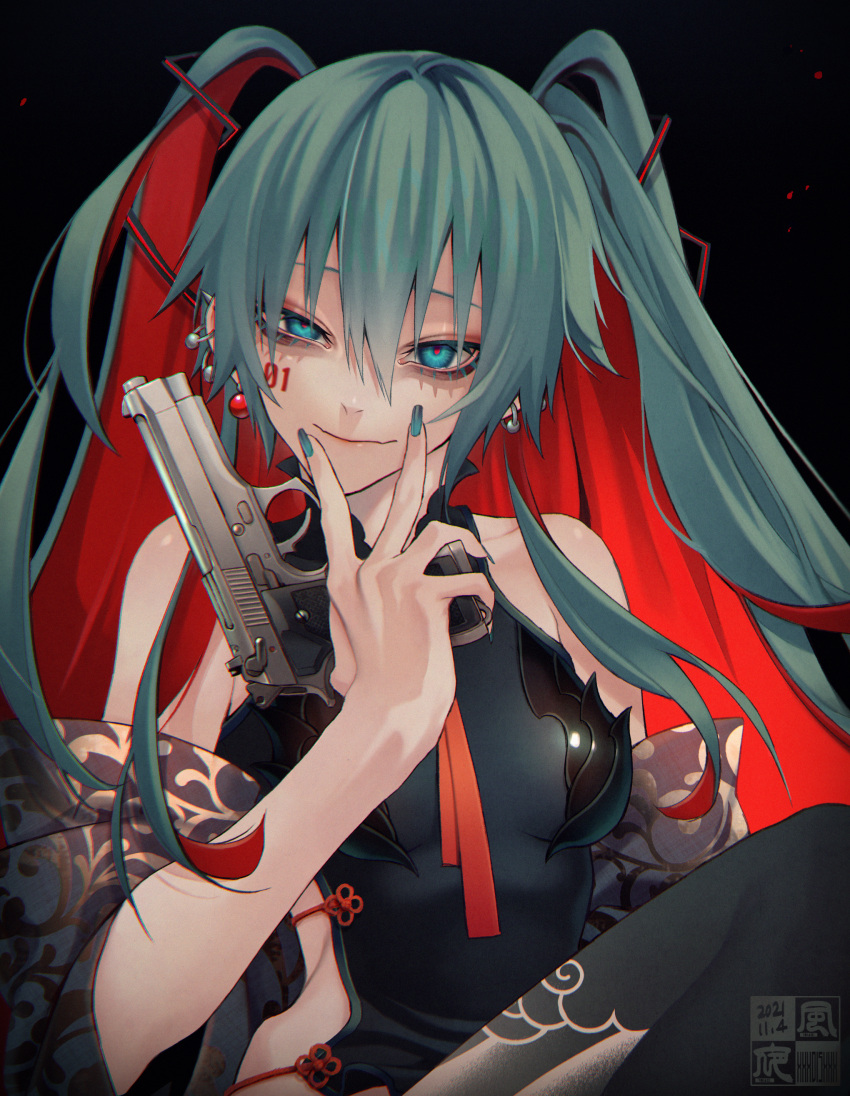 1girl absurdres aqua_hair aqua_nails bare_shoulders black_background blue_eyes closed_mouth collarbone cropped dated ear_piercing earrings facial_mark fang fingernails gun hair_between_eyes handgun hatsune_miku highres holding holding_gun holding_weapon jewelry leg_tattoo long_fingernails long_hair looking_at_viewer patterned patterned_clothing piercing pink_lips red_pupils redhead signature simple_background skin_fang smile solo tattoo twintails v v_over_mouth very_long_fingernails vocaloid weapon yokaze_(xxxdisxxx)