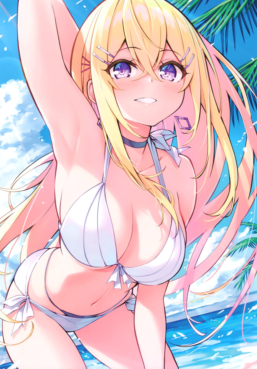 1girl absurdres armpits bare_shoulders bikini blonde_hair blue_sky breasts clouds cloudy_sky collarbone cu-no day earrings hair_ornament hairclip hakurei_botan highres hisen_kaede jewelry large_breasts leaning_forward lips long_hair looking_at_viewer navel ocean outdoors parted_lips scan sky smile solo stomach swimsuit violet_eyes water