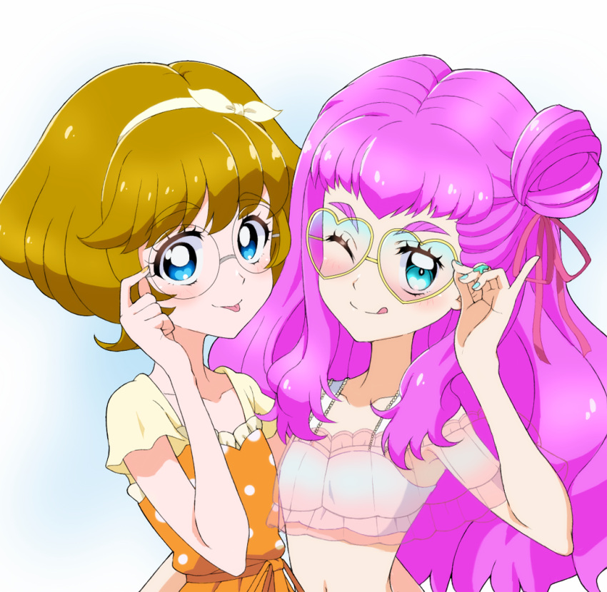 2girls :p :q adjusting_eyewear arm_around_back bangs bespectacled blue_eyes blue_nails brown_hair casual closed_mouth commentary_request crop_top dress eyebrows_visible_through_hair glasses hair_bun hair_ribbon heart heart-shaped_eyewear ichinose_minori kayabakoro laura_la_mer long_hair looking_at_viewer midriff multiple_girls nail_polish navel orange_dress partial_commentary pinky_out precure purple_hair red_ribbon ribbon rimless_eyewear round_eyewear see-through shirt short_hair short_sleeves side-by-side side_bun sleeveless sleeveless_shirt smile tongue tongue_out tropical-rouge!_precure white_ribbon white_shirt yellow-framed_eyewear