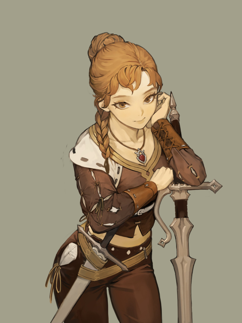 1girl absurdres armor bangs beige_background braid brown_eyes brown_hair closed_mouth controlline3 cowboy_shot hand_on_own_cheek hand_on_own_face highres jewelry leaning leaning_on_object leather_armor looking_at_viewer medium_hair necklace original simple_background solo sword tagme vambraces weapon