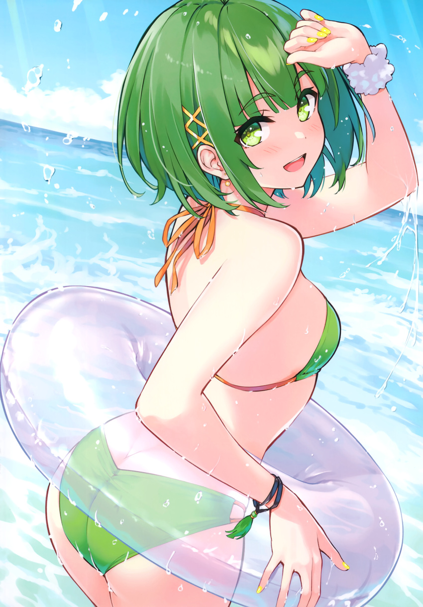 1girl absurdres arm_up ass bangs bare_shoulders bikini blue_sky breasts clouds cloudy_sky cu-no day fingernails green_eyes green_hair hair_ornament highres hisen_kaede holding innertube jewelry looking_at_viewer looking_back nail_polish nonono_futaba ocean open_mouth outdoors scan see-through short_hair simple_background sky small_breasts smile solo swimsuit water water_drop wet