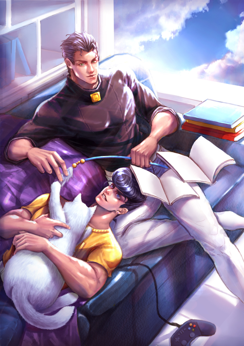 2boys 617247500 absurdres black_hair black_shirt blue_eyes bookshelf cat cat_teaser controller couch diamond_wa_kudakenai game_controller green_eyes hair_strand higashikata_josuke highres jojo_no_kimyou_na_bouken kujo_jotaro male_focus multiple_boys no_coat no_jacket on_couch pompadour realistic shirt sitting sleeves_rolled_up t-shirt turtleneck window yellow_shirt