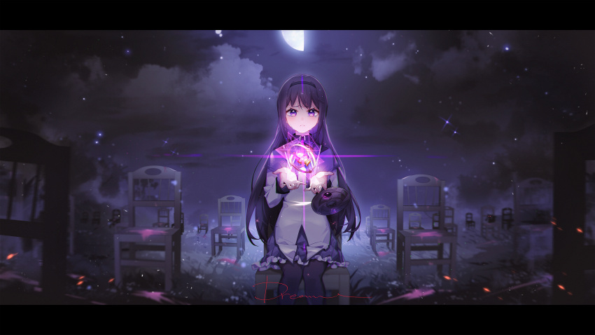 1girl absurdres akemi_homura black_hair black_hairband black_legwear black_theme blouse capelet chair chromatic_aberration clouds cloudy_sky crying crying_with_eyes_open cupping_hands dark_clouds dot_nose english_text field flat_chest frilled_skirt frills furrowed_brow glowing grass grey_capelet hairband half_moon hands_up high_collar highres letterboxed light_particles light_rays liquid long_hair long_sleeves looking_at_viewer mahou_shoujo_madoka_magica mahou_shoujo_madoka_magica_movie momuraer moon moonlight neck_ribbon night night_sky on_chair outdoors pantyhose parted_lips purple_ribbon purple_theme ribbon sad shadow shield sitting skirt sky solo soul_gem sparkle splatter streaming_tears tears text_focus too_many tsurime violet_eyes white_blouse wide_shot