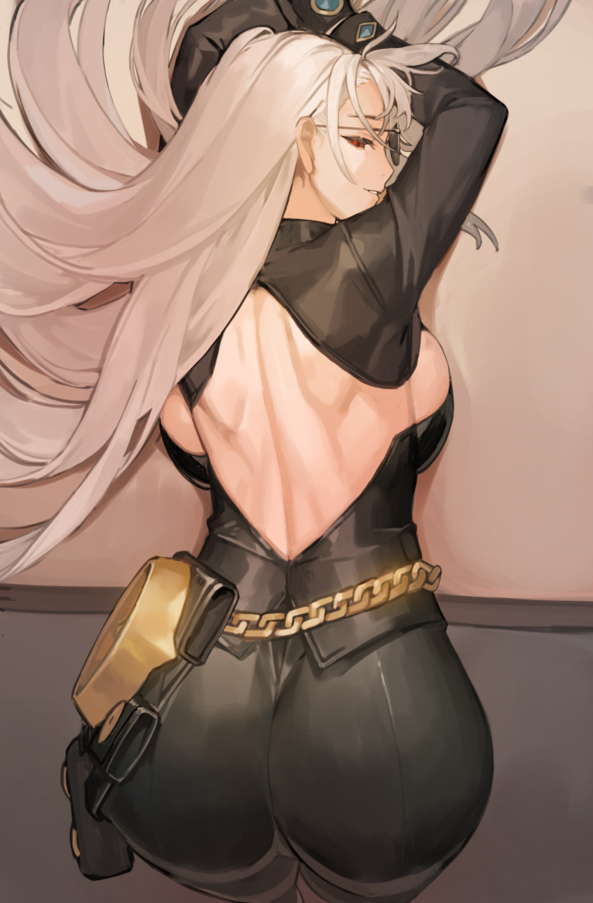 1girl ass back backless_outfit bangs bent_over bodysuit breasts chain_belt character_request commission controlline3 copyright_request from_above highres long_hair looking_at_viewer looking_back red_eyes silver_hair solo