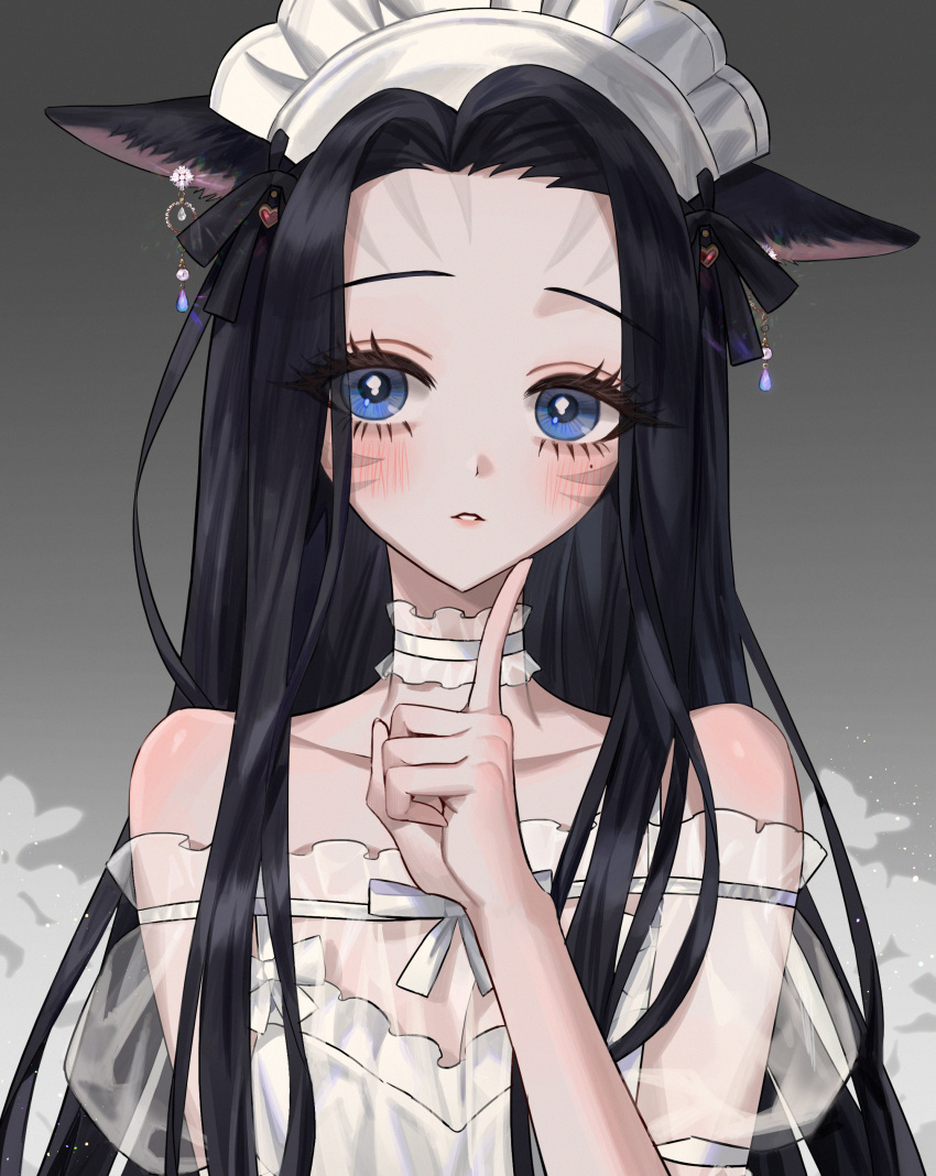 1girl absurdres animal_ears black_hair black_ribbon blue_eyes blush bow cat_ears choker collarbone earrings eyebrows_visible_through_hair eyelashes eyes_visible_through_hair facial_mark final_fantasy final_fantasy_xiv fingernails frilled_choker frills glint gradient gradient_background hair_ribbon heart highres jewelry long_eyelashes long_hair maid_headdress mell_(dmwe3537) miqo'te mole mole_under_mouth off_shoulder parted_lips puffy_sleeves ribbon see-through solo upper_body whisker_markings white_bow white_choker white_ribbon