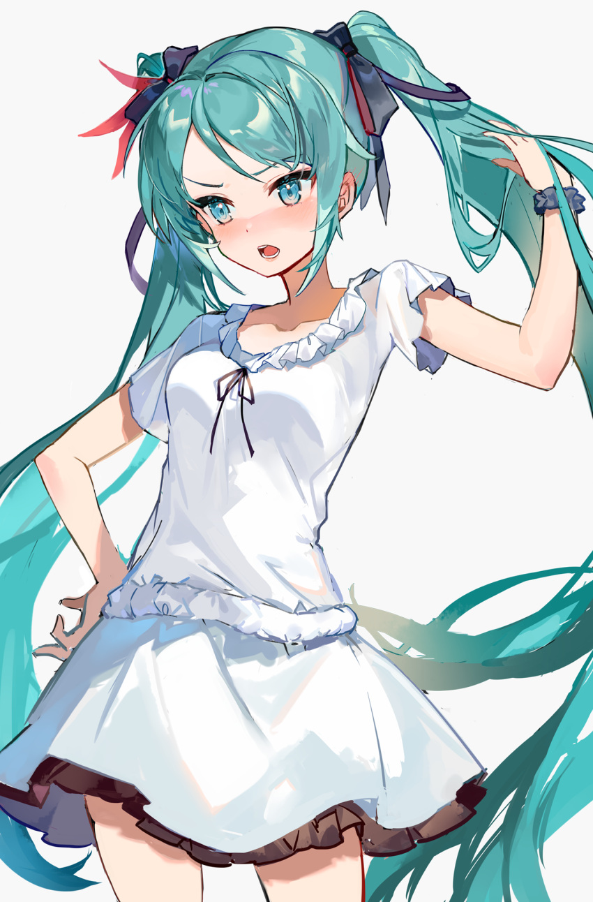 1girl aqua_eyes aqua_hair black_ribbon blush commentary contrapposto dress feather_hair_ornament feathers hair_ornament hair_ribbon hand_in_hair hand_on_hip hand_up hatsune_miku highres karasu_btk long_hair open_mouth raised_eyebrows red_feathers ribbon scrunchie short_sleeves simple_background solo supreme_(module) twintails very_long_hair vocaloid white_background white_dress world_is_mine_(vocaloid) wrist_scrunchie