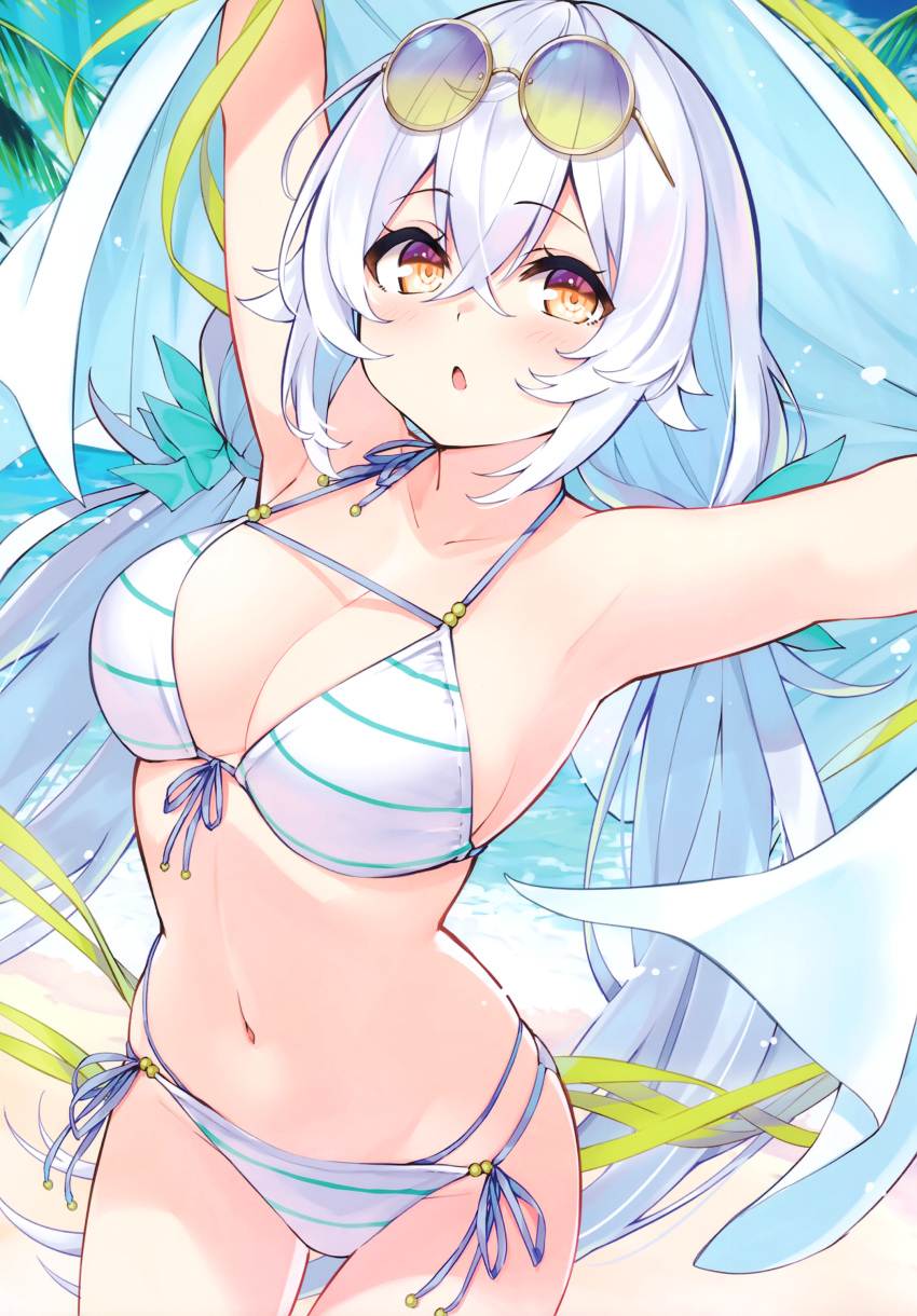 1girl absurdres armpits arms_up bangs bare_shoulders bikini blush breasts collarbone cu-no day eyewear_on_head highres hisen_kaede holding long_hair looking_at_viewer navel open_mouth orange_eyes outdoors rapua_qive scan shore simple_background solo stomach striped sunglasses swimsuit water white_hair