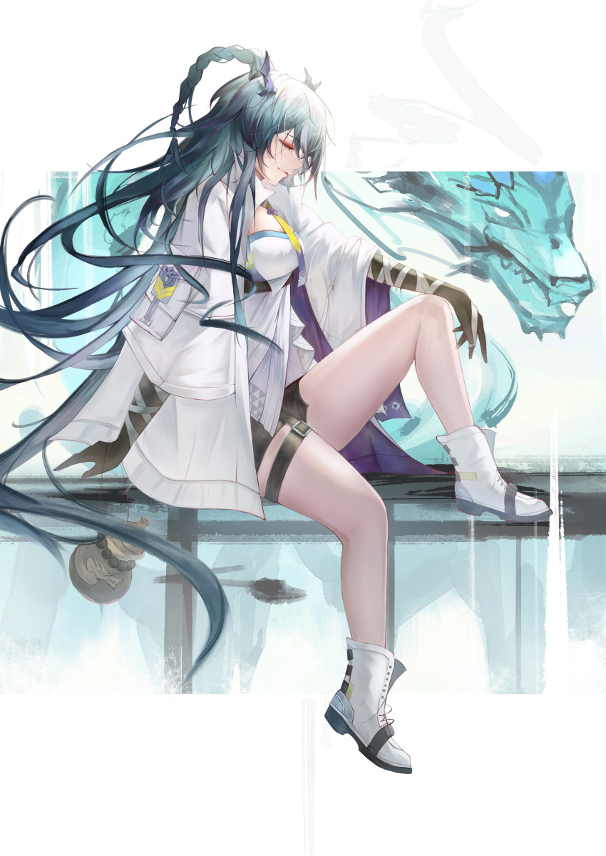 1girl absurdres ankle_boots arknights bangs bare_legs black_gloves black_shorts blue_hair boots braid breasts closed_mouth dragon dragon_horns elbow_gloves eyebrows_visible_through_hair eyeshadow full_body gloves gourd highres horns knee_up ling_(arknights) long_hair makeup medium_breasts multicolored_hair mumumu619 necktie shirt short_shorts shorts sitting smile solo streaked_hair thigh_strap two-tone_hair underbust very_long_hair white_footwear white_hair white_shirt yellow_necktie