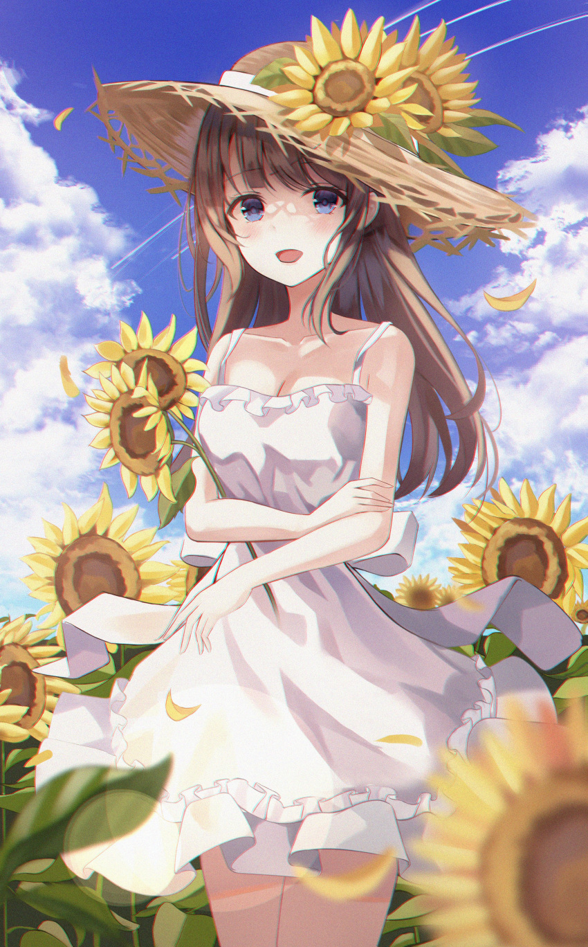 1girl :d absurdres bangs bare_arms blue_eyes blue_sky blunt_bangs breasts brown_hair clouds collarbone commentary_request contrail day dress eyebrows_visible_through_hair flower hat hat_flower highres leepy long_hair looking_at_viewer open_mouth original outdoors sky small_breasts smile solo standing sun_hat sundress sunflower sunflower_petals symbol-only_commentary white_dress