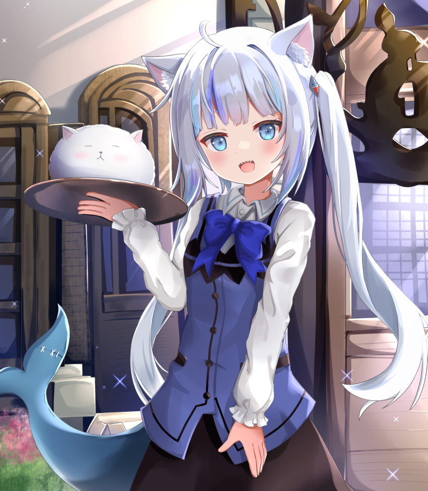 1girl blue_eyes blush cat cat_ears gawr_gura gochuumon_wa_usagi_desu_ka? holding hololive hololive_english indoors looking_at_viewer maid maid_dress restaurant ribbon shark_girl shark_tail sharp_teeth smile tail twintails virtual_youtuber waitress white_hair