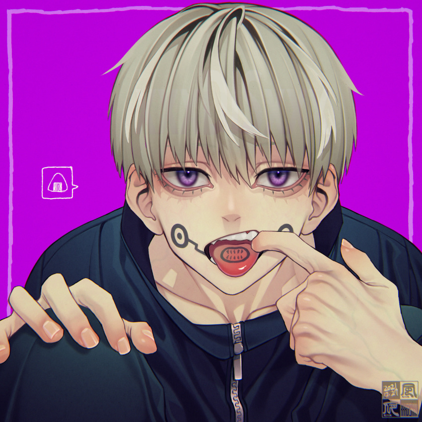 1boy absurdres border dated facial_mark finger_in_mouth fingernails food grey_hair hair_between_eyes highres inumaki_toge jujutsu_kaisen looking_at_viewer male_focus onigiri open_mouth purple_background signature simple_background solo speech_bubble tattoo teeth tongue tongue_out tongue_tattoo veins violet_eyes yokaze_(xxxdisxxx) zipper zipper_pull_tab