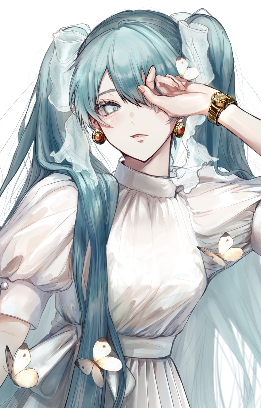 1girl absurdres aqua_eyes aqua_hair bangs blush bow breasts bug butterfly butterfly_on_hand commentary covering_one_eye dress earrings hair_between_eyes hair_bow hair_ornament hand_up hatsune_miku highres jewelry long_hair looking_at_viewer parted_lips pipi short_sleeves simple_background small_breasts solo transparent_bow twintails upper_body vocaloid watch white_background white_dress
