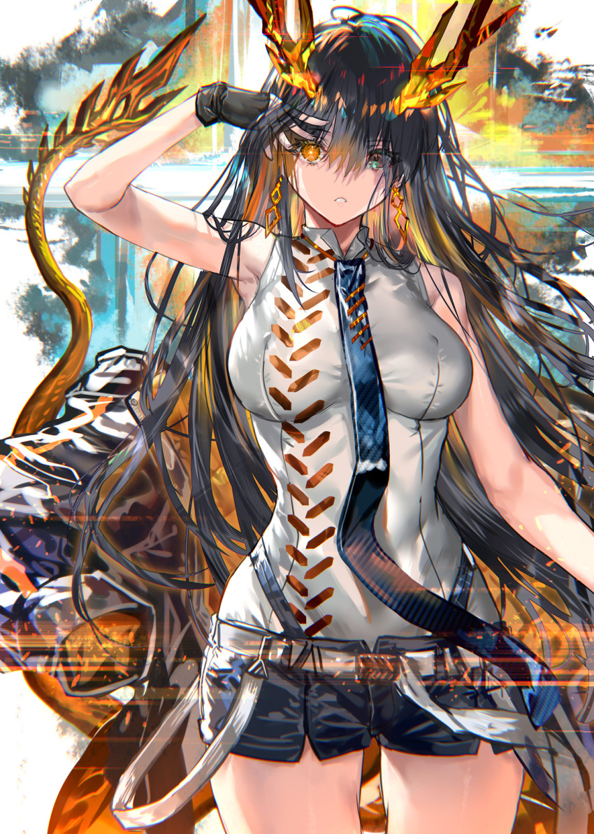 1girl arm_up armpits bangs bare_arms bare_shoulders belt black_gloves black_hair blue_eyes blue_necktie breasts cowboy_shot dragon_girl dragon_horns earrings eyebrows_visible_through_hair fingerless_gloves gloves hand_in_hair heterochromia highres horns jewelry large_breasts long_hair looking_at_viewer necktie orange_eyes original parted_lips ran'ou_(tamago_no_kimi) short_shorts shorts sleeveless solo thighs white_belt