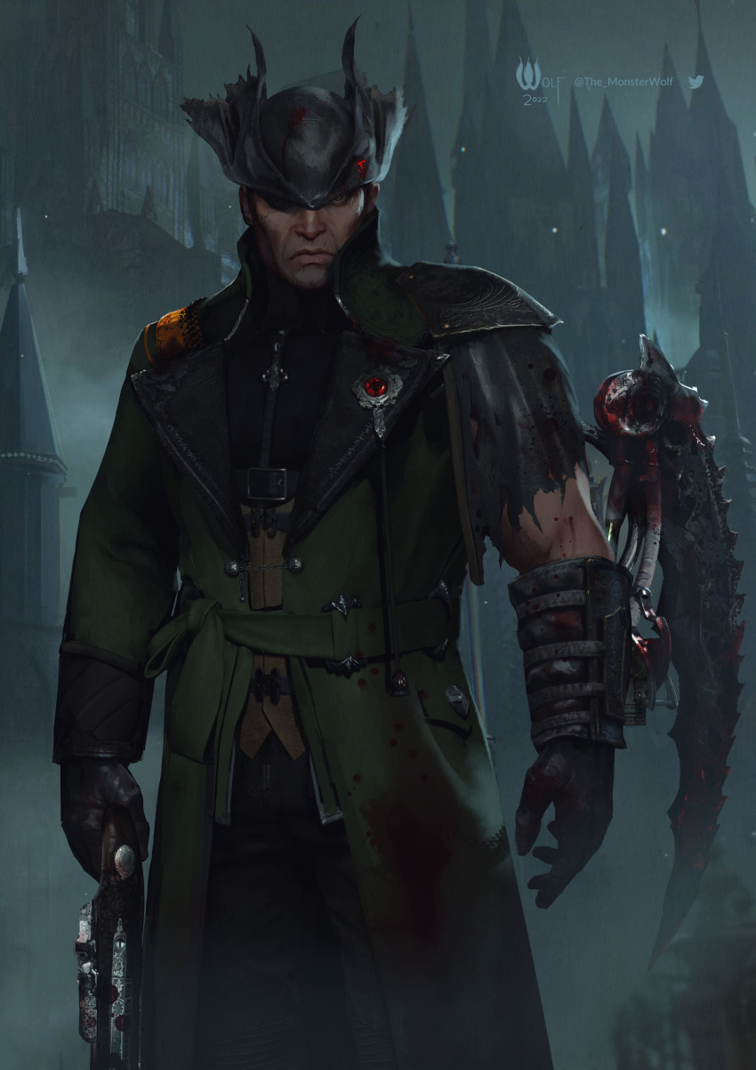 1boy 2022 absurdres arm_blade artist_name black_gloves black_headwear black_jacket bloodborne cosplay doom_(series) doom_eternal doomguy english_commentary gloves grey_eyes gun highres holding holding_gun holding_weapon hunter_(bloodborne) hunter_(bloodborne)_(cosplay) jacket looking_at_viewer male_focus monster_wolf realistic shotgun solo torn_jacket tower weapon