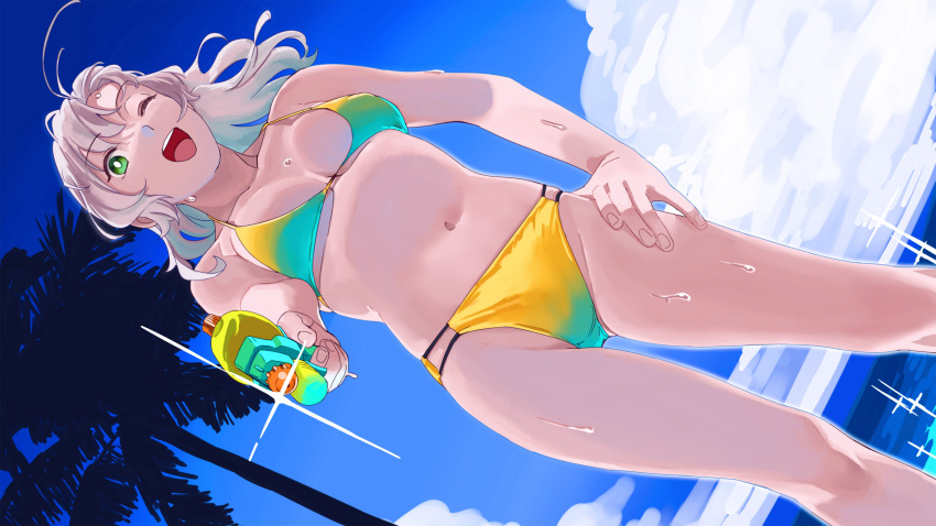 1girl absurdres antenna_hair aqua_bikini bangs bikini breasts clouds covered_nipples day eyebrows_visible_through_hair green_eyes grey_hair hand_on_hip highres holding kantai_collection kinugasa_(kancolle) looking_at_viewer medium_breasts multicolored_bikini multicolored_clothes ojipon one_eye_closed open_mouth outdoors palm_tree sky solo sparkle swimsuit symbol-only_commentary tree water_gun wet yellow_bikini
