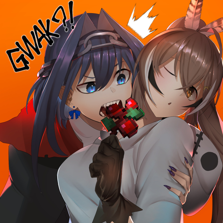 !? 2girls berry biting black_hair blue_eyes blue_hair blue_nails bow bow_earrings breasts brown_eyes brown_hair chain earrings fangs gloves hair_between_eyes highres hololive hololive_english hood hood_down jewelry long_hair lordroach minecraft multicolored_hair multiple_girls nanashi_mumei one_eye_closed open_mouth orange_background ouro_kronii ponytail simple_background slit_pupils teeth tongue upper_body vampire virtual_youtuber white_hair yuri