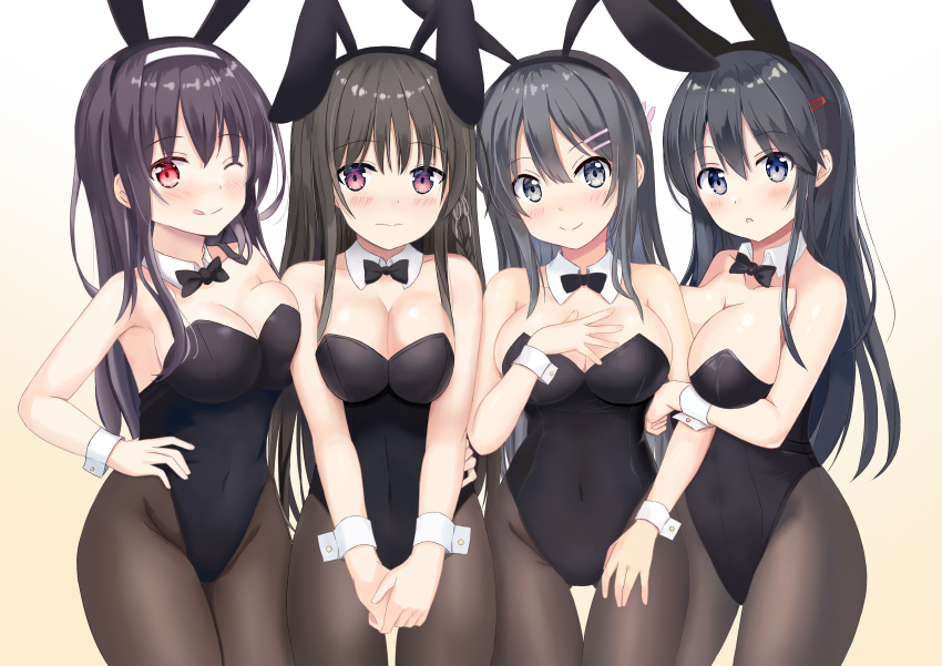 4girls absurdres animal_ears black_bow black_bowtie black_hair black_legwear black_leotard blue_eyes bow bowtie commentary_request commission cowboy_shot crossover detached_collar hair_ornament hairclip highres horikita_suzune hoshimitooni kasumigaoka_utaha leotard long_hair looking_at_viewer multiple_girls ore_wo_suki_nano_wa_omae_dake_ka_yo pantyhose playboy_bunny rabbit_ears red_eyes saenai_heroine_no_sodatekata sakurajima_mai sanshokuin_sumireko seishun_buta_yarou standing strapless strapless_leotard violet_eyes wrist_cuffs youkoso_jitsuryoku_shijou_shugi_no_kyoushitsu_e