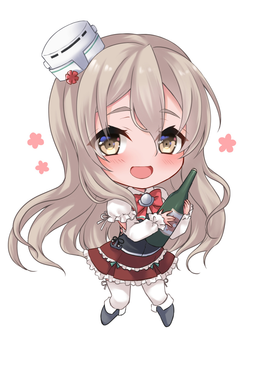 1girl absurdres blush bottle brown_eyes commission corset frilled_skirt frills full_body hair_between_eyes hat highres holding holding_bottle kantai_collection light_brown_hair long_hair long_sleeves looking_at_viewer mashiro_yukiya mini_hat neck_ribbon open_mouth pola_(kancolle) red_ribbon red_skirt ribbon shirt simple_background skirt smile solo thigh-highs white_background white_headwear white_legwear white_shirt wine_bottle