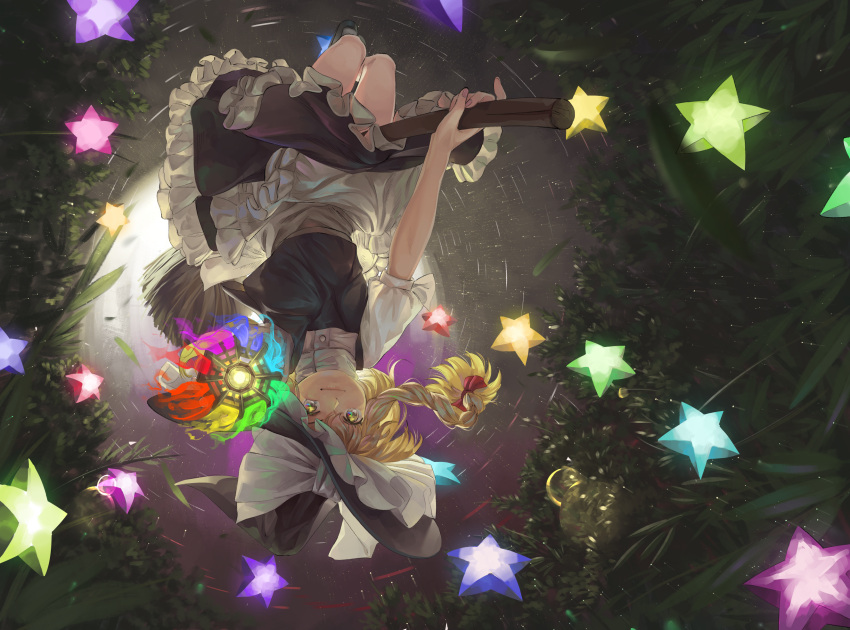 1girl aiming_at_viewer apron backlighting blonde_hair bow braid broom broom_riding closed_mouth danmaku dress fisheye flying frilled_apron frilled_dress frills from_below full_body hat hat_bow highres holding holding_weapon huge_bow juliet_sleeves kirisame_marisa long_hair long_sleeves looking_at_viewer medium_dress mini-hakkero moon motion_blur night night_sky outdoors outstretched_arm puffy_sleeves riki6 see-through_silhouette side_braid single_braid sky smile solo star_(sky) starry_sky touhou upside-down waist_apron weapon witch witch_hat yellow_eyes