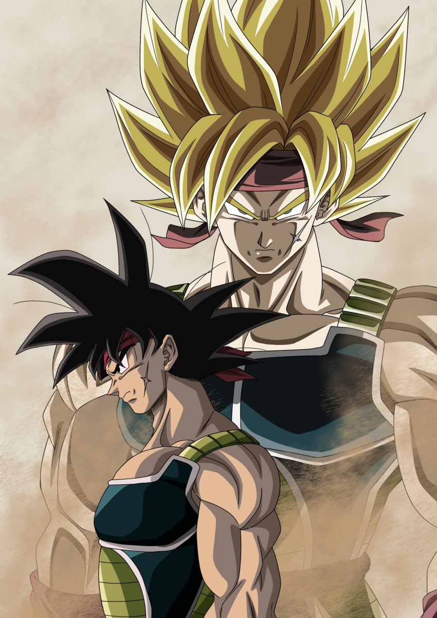 armor bandana bardock bare_shoulders biceps black_hair blonde_hair blue_eyes dragon_ball dragon_ball_z dual_persona highres looking_at_viewer mocky_art monkey_tail muscular muscular_male saiyan scar scar_on_face solo spiky_hair super_saiyan tail wristband