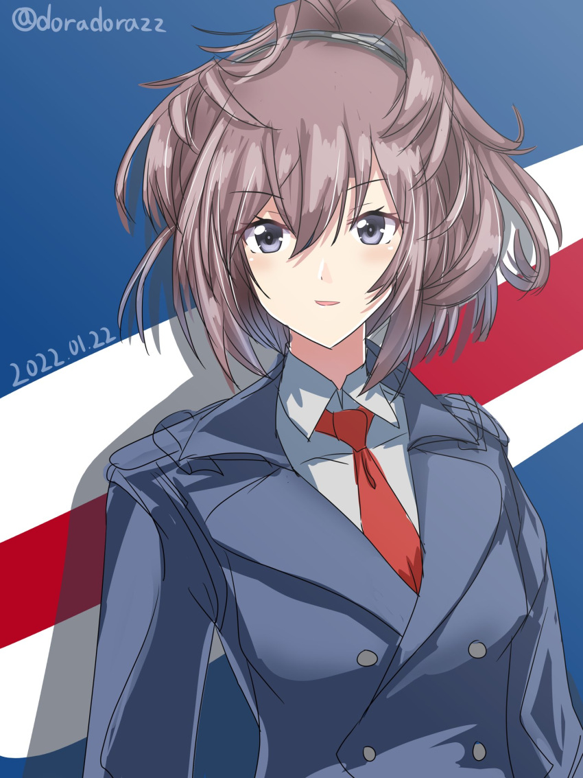 1girl alternate_costume blue_eyes brown_hair buttons commentary_request dated doradorazz double-breasted highres kantai_collection long_hair looking_to_the_side messy_hair military military_uniform multicolored_background necktie one-hour_drawing_challenge red_necktie sheffield_(kancolle) solo twitter_username uniform upper_body