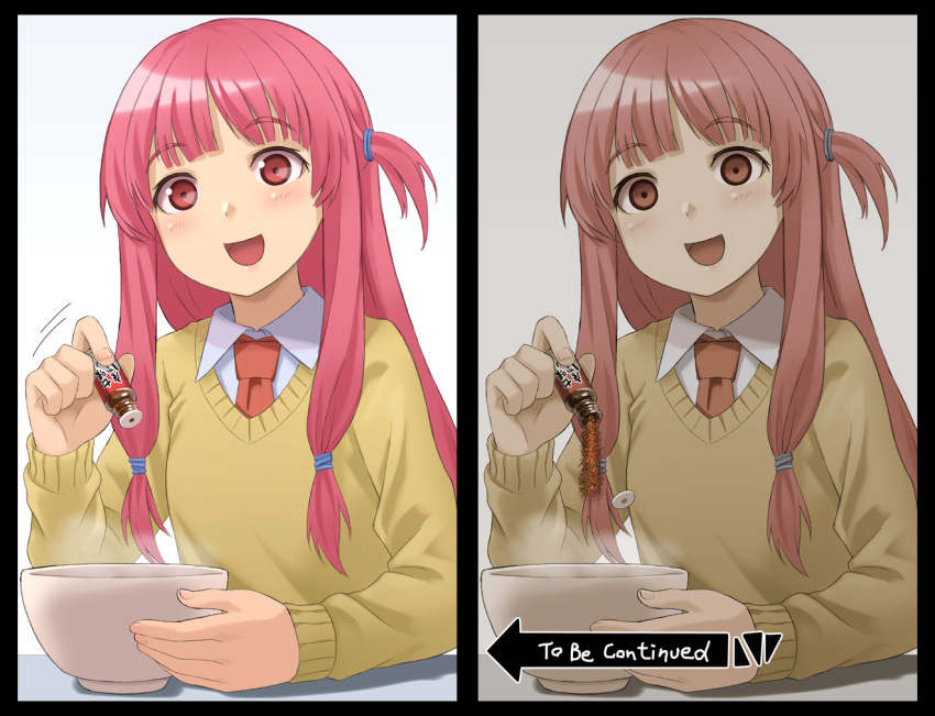 1girl :d arrow_(symbol) bangs bowl collared_shirt eyebrows_visible_through_hair instant_loss jojo_no_kimyou_na_bouken kotonoha_akane kurione_(zassou) long_hair long_sleeves motion_lines necktie one_side_up open_mouth pink_hair red_eyes red_necktie school_uniform shirt smile to_be_continued voiceroid white_shirt