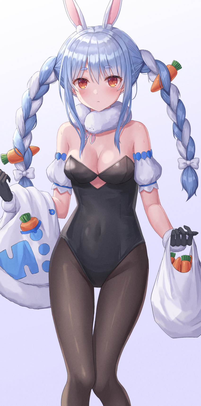 1girl absurdres alternate_costume animal_ears bag black_legwear black_leotard blue_hair blush bow braid breasts carrot carrot_hair_ornament closed_mouth don-chan_(usada_pekora) eyebrows_visible_through_hair feet_out_of_frame food-themed_hair_ornament fur_scarf grocery_bag hair_bow hair_ornament highres holding holding_bag hololive leotard light_blue_hair long_hair looking_at_viewer medium_breasts orange_eyes pantyhose playboy_bunny rabbit_ears rabbit_girl seungju_lee shopping_bag short_eyebrows sidelocks solo standing twin_braids usada_pekora virtual_youtuber white_hair